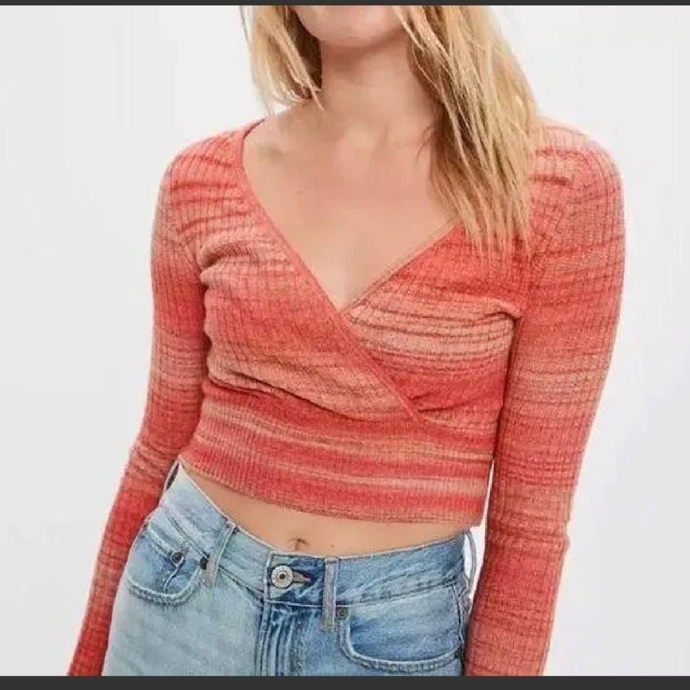 Small   American Eagle Women's Red Space Dyed Faux Wrap
Cropped Sweater